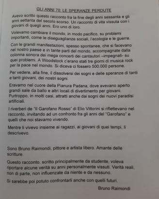 RACCONTO STORICO SUGLI  ANNI  70