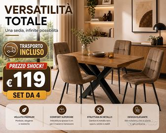 Set 4 Sedie  Velluto Marrone Gambe in Metallo