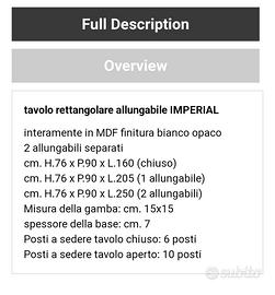 Tavolo MODELLO IMPERIAL, MDF bianco opaco, 2 prolu