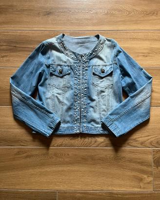 Giacca in jeans con perle e brillantini da donna