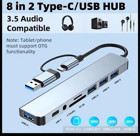 Docking station hub 8 in 1 usb sd telefono tablet
