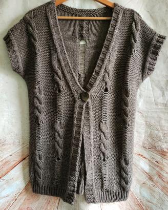 Cardigan traforato senza maniche marrone tortora