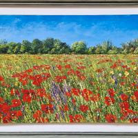 Quadro moderno. Campo di papaveri, olio su tela