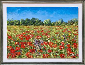 Quadro moderno. Campo di papaveri, olio su tela