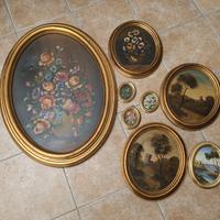 Set 8 Quadri Vintage a Olio - Cornici Ovali Oro 
