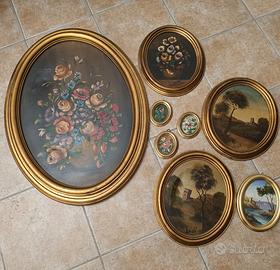 Set 8 Quadri Vintage a Olio - Cornici Ovali Oro 