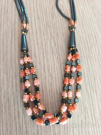 Collana vintage in corallo Bamboo rosa ed ematite