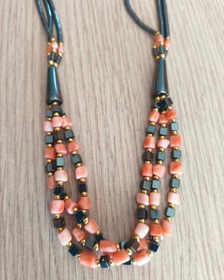 Collana vintage in corallo Bamboo rosa ed ematite