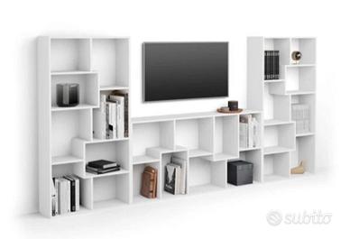 Parete Tv, libreria modulare, Bianco Frassino