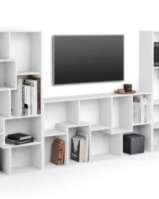 Parete Tv, libreria modulare, Bianco Frassino