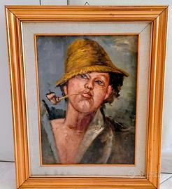 Quadro ragazzo con pipa dipinto a olio antico.