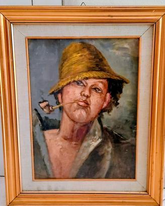 Quadro ragazzo con pipa dipinto a olio antico.