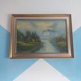Quadro paesaggio montano con fiume e baita