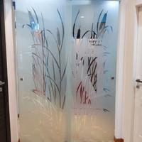 Porta in cristallo a due ante con vetro decorato