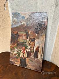 Dipinto olio su tavola firmato scena di paese 900