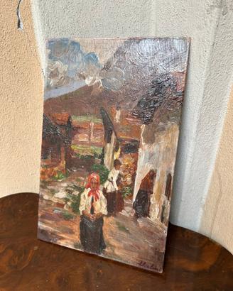 Dipinto olio su tavola firmato scena di paese 900