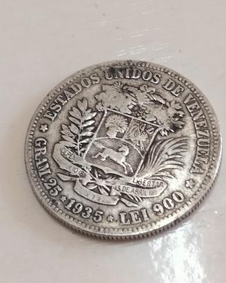 moneta 5 bolivares Venezuela argento 25 g. 1935