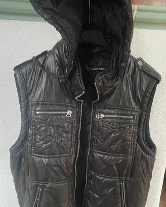 Piumino Foglie Rosse smanicato con cappuccio