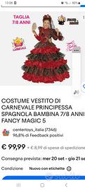 COSTUME VESTITO DI CARNEVALE PRINCIPESSA SPAGNOLA BAMBINA 7/8 ANNI