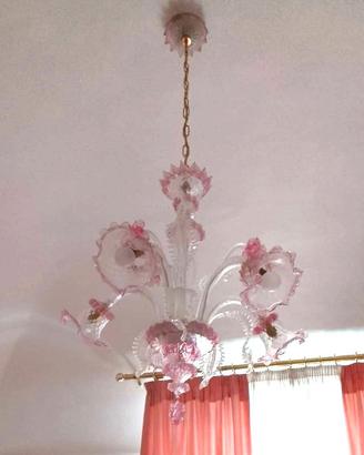 Coppia lampadari vetro di Murano trasparente-rosa
