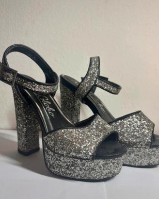 Sandali plateau con glitter tacco alto argento