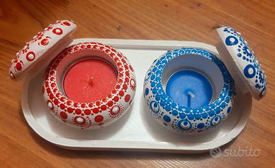 Portacandele con vassoio dipinti con puntinismo 
