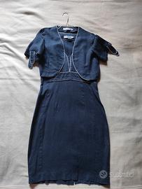 abito 100% lino tubino blu navy  bordino bianco 