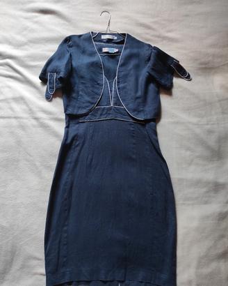abito 100% lino tubino blu navy  bordino bianco 