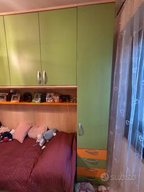 cameretta arancione e verde con scrivania e sedia