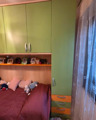 cameretta arancione e verde con scrivania e sedia