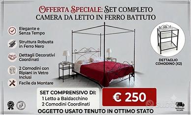 Set letto ferro battuto a baldacchino + 2 comodini