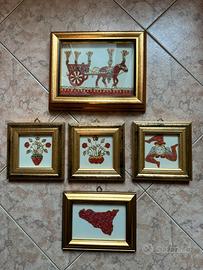 5 Quadretti Siciliani in corallo, perle e argento