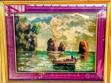 Quadro con Faraglioni di Capri dipinto a mano.