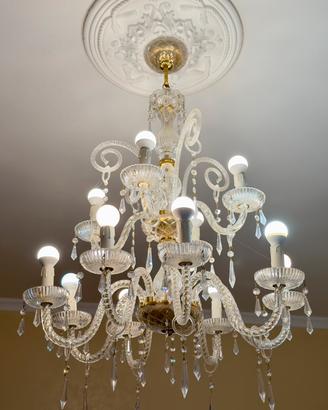 Lampadario 12 Luci Vetro Lavorato e Cristallo