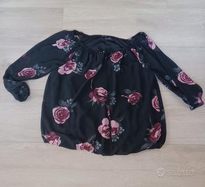 camicia blusa taglia forte nera fiori rosa estiva