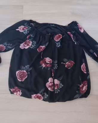 camicia blusa taglia forte nera fiori rosa estiva