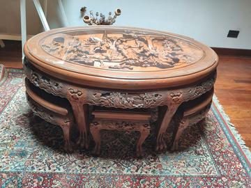 Tavolo Basso Cinese in Legno Massello Intagliato