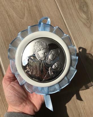 Sacra famiglia in laminato argento con dettagli az