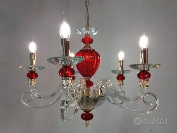 Lampadario metallo oro cristallo/vetro rosso