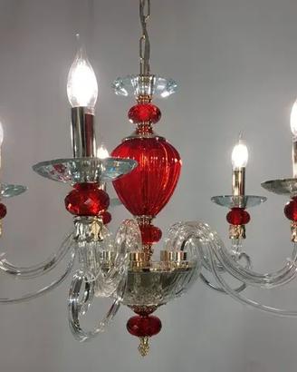 Lampadario metallo oro cristallo/vetro rosso