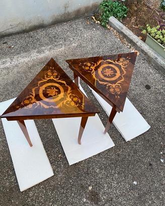 Vintage Coppia Tavolini Triangolari Intarsiati