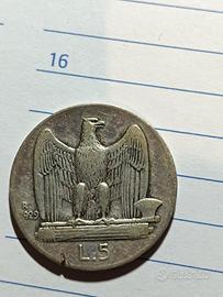 5 lire argento aquilino 1929
