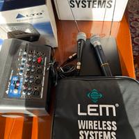 Cassa amplificata con mixer e 2 microfoni shure