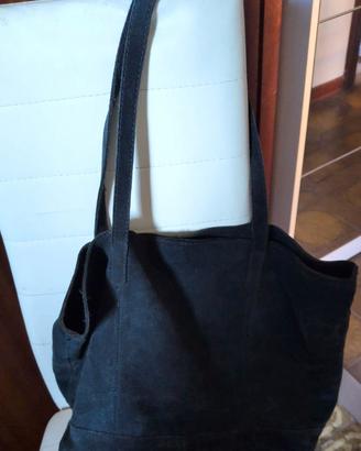 Borsa Shopper in Vera Pelle Scamosciata Blu Notte