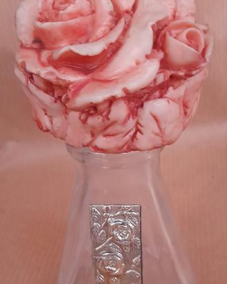 Bottiglietta in vetro  decorazioni e tappo a rosa