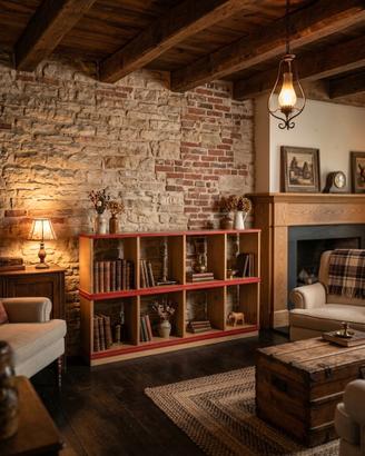 Lbreria a casellario in legno con bordature rosse