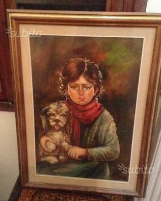 Quadro bambina piangente con cane