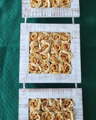 Trittico quadri "Rose" stoffa e legno Shabby Chic