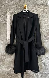 Cappotto Zara Nero 75% Lana Polsini Ecopelliccia