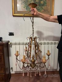 Lampadario vintage 8 luci in ottone dorato e rosa
